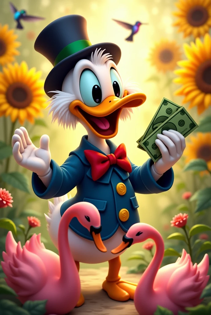 Uncle Scrooge smiling, with several banknotes and forming a dollar sign with the notes. Some hummingbirds flying around very yellow sunflowers and two pink swans on the ground forming a heart because they are close together.
