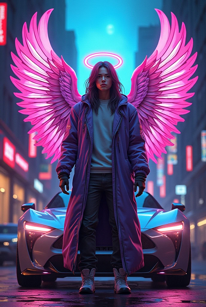 Arafed a ((stained glass art image:1.5)) stained-glass windows, of a (cyberpunk mech male angel: 1.2) standing in at the street at natta near his carro esportivo, natta, an exquisite beautiful cyberpunk male angel, teenager, long hair brown  1.3)),  (lilac angelic wings: 1.2), spread angelic wings, halo over head,, (work of art: 1.5), Vibrant, ultra-high resolution, hight contrast, work of art:1.2, highest quallity, better aesthetics), best details, best qualityer, high resolution, Ultra Wide Angle, 16K, [ultra detaild], work of art, best qualityer, (extremely detaild), mechanical creatures, intense gaze, stained-glass windows