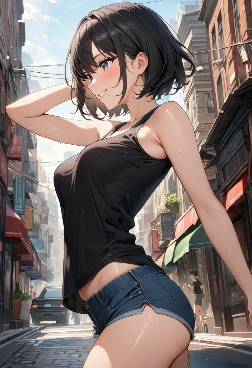 {best quality}, {very aesthetic}, {ultra-detailed}, {best illustration}, 1 woman, from side, seductive smile, black hair, short hair, shorts, middle breasts, city street, acquaintance, raising hand, sweaty armpit visible through black T-shirt gap