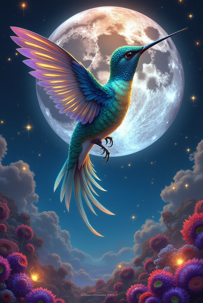 A psychedelic hummingbird inside the moon