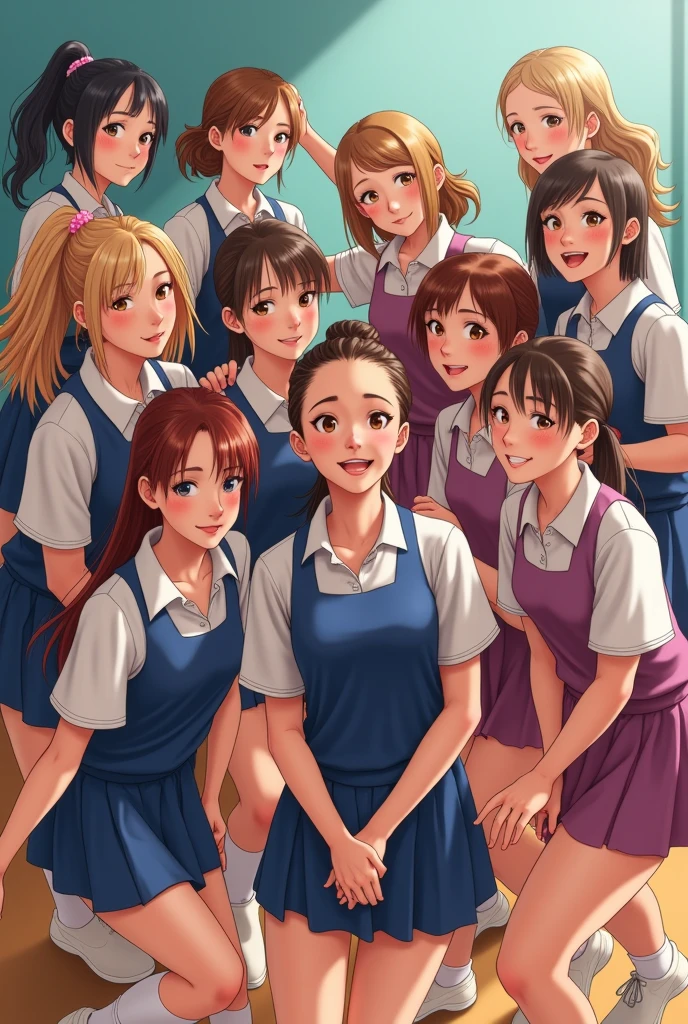 Of the groups, one for volleyball and one for dance, In the fodas groups the members are girls and they are stepping for a photo, The volleyball uniform is not so short and the dance uniform is a flared shirt and a skirt that is not so short.