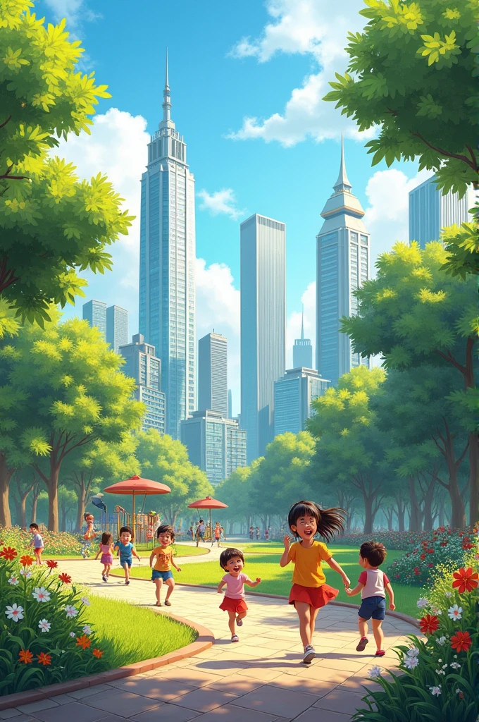 A vibrant city with children playing in a park