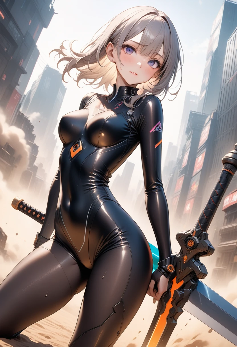(((Hold a giant sword in both hands))), ((formal cropped jacket)), (Cyberpunk style), ((futuristic sexy bodysuit)), Mechanical Long Boots,, (skirt), (pantyhose), ((Shiny Costumes)), skindentation, skinny, solo, 1 woman, Masterpiece, highest quality, highest quality, 16K, incredibly absurd, highly detailed, 2.5D, ai-generated, delicate and dynamic, very delicate facial expressions, delicate eye depiction, erotic, only sexy woman, ((A cute and kind face)), healthy figure, ((25-year-old woman)), 160cm tall, medium firm swaying bust, Sweat,Embarrassed,sexy, ((thin thighs)), (camel toe:0.7), , (Erect nipples,:0.7), shiny and lustrous, facing straight at viewer, (((in heat))), ((Oily_skin)), ((Lots of sweat)), ((dutch angle)), ((erotic pose)), (((Very dynamic pose))), A ruined cityscape of the future, ((Riding on a giant weapon)), In the sandstorm,