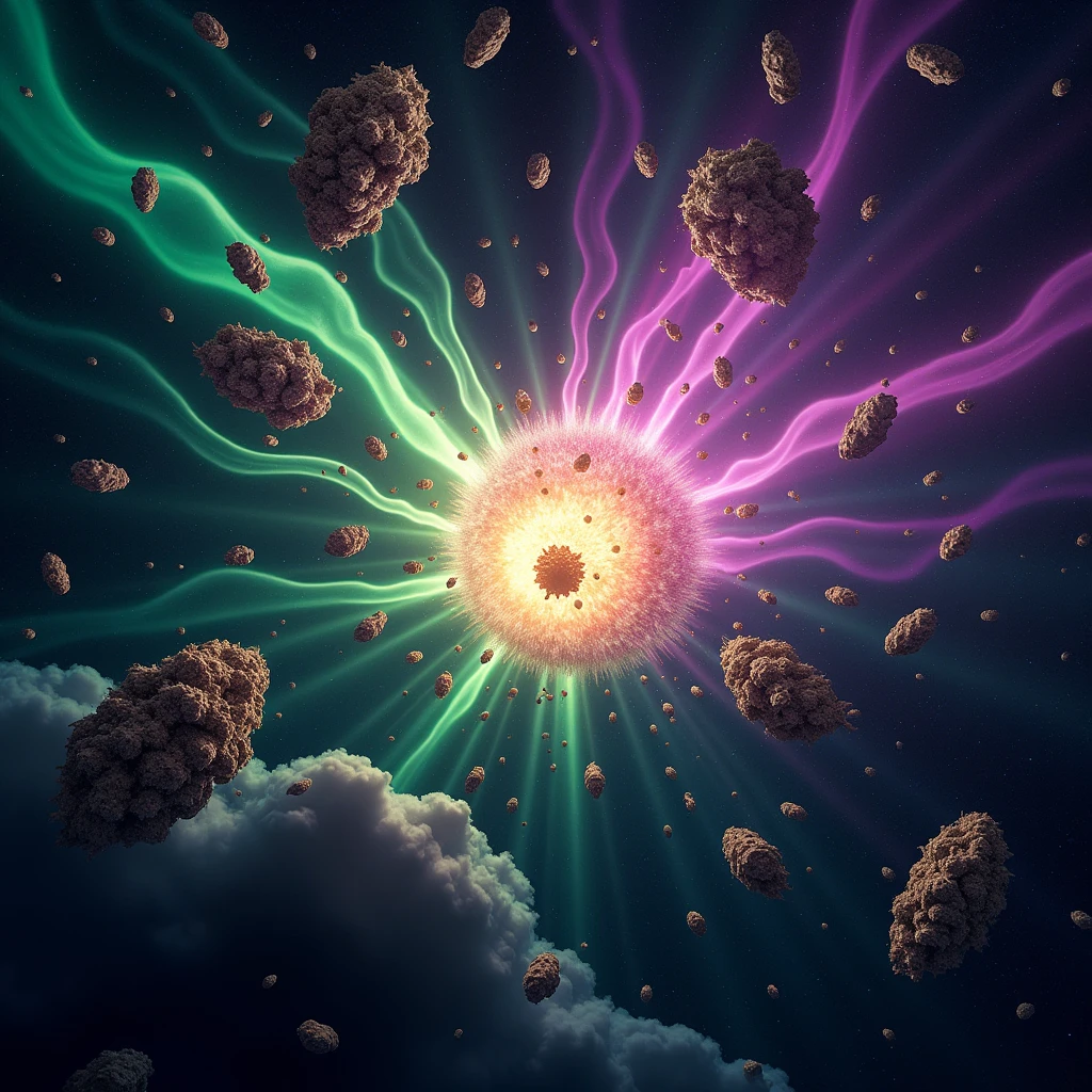 Outer space, supernova, neon green and violet colors, some meteors in the shape of weed buds
