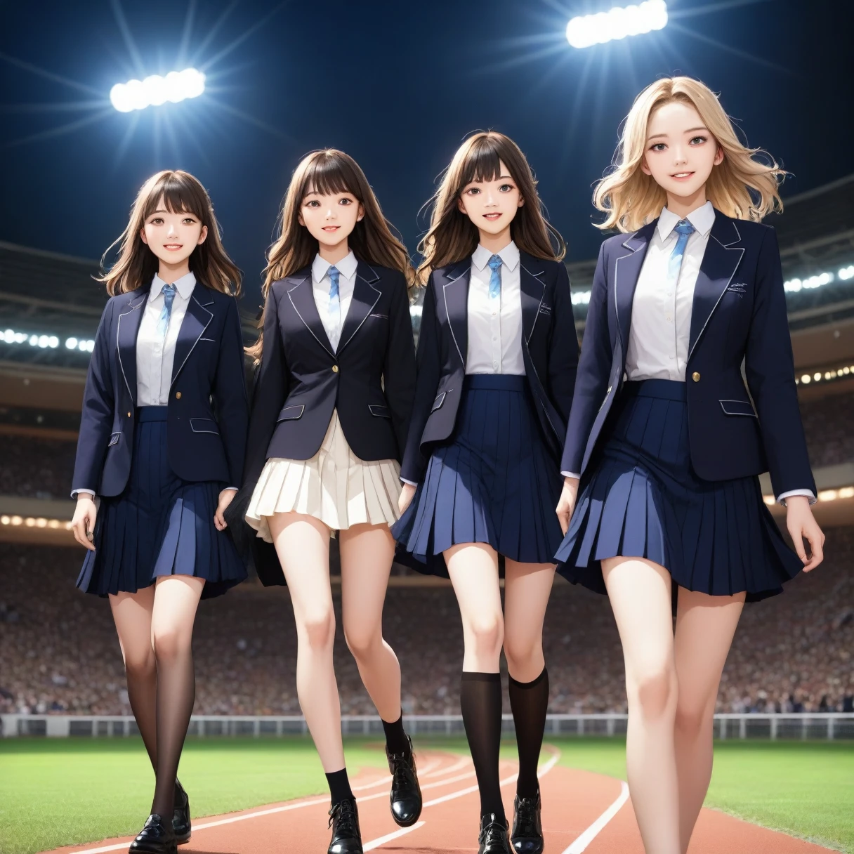(masterpiece:1.4), (of the highest quality:1.4), Very detailed, complex, Very detailed, form,Soft lighting, Japanese trio, New opening ceremony, A fashion show with a catwalk reminiscent of Paris Fashion Week, Three high school girls walking quickly down the catwalk., fluttering skirt, The three of them walk happily down the catwalk.., A proud smile, confident face, (Blazer with a high school girl look, with tie, White shirt, Long flared skirt, Light brown tights), A large number of spectators watching from below next to the track., Three high school girls waving to the gallery., Spotlights illuminating the track, Bright track, Three high school girls walking in the track light., The atmosphere is such that you can almost hear the envious voices..., Magnificent々A view