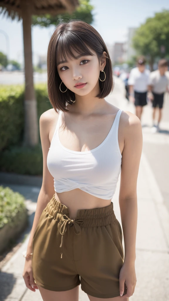 (Surrealism, RAW Photos, Unbelievably absurd, Nikon, 8k, Super Detail, masterpiece, Intricate details), (Anatomically correct, Perfect human body, beautiful and cute face, Silky skin), (18-year-old, Japanese, smile, The waist is slim、The body is rich, Thin legs, Large Breasts, Baby Face), ((Round face, Brown Hair, Long Cut, bangs, Eyebrows are lowered,  Shining Eyes, Small earrings, Slightly reddish)), (Street Snap, Random Pause, ), (Looking down at the viewer, Looking into the camera, ), ((Shorts,ジーンズのShorts, Flashy teen attire, No sleeve、Tank top)), Natural light, Upper Body, Angle from the front,、No background、Background white、background through、Tie a jacket around your waist、One person、make、