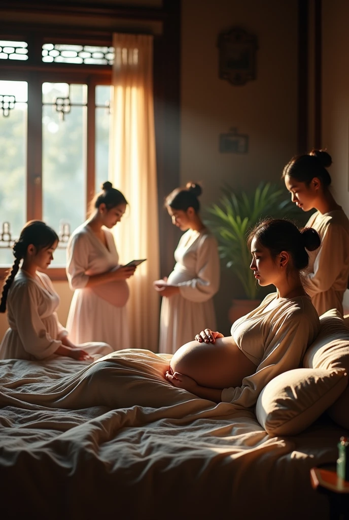 Sense of lens,Ancient,Chinese ancient style house,Main house master bedroom,Pregnant woman lying on bed,Surrounded by several busy midwives,Detailed description of interior decoration,Movie quality,Movie storyboard,8k,Ultra-clear,Hyperrealism