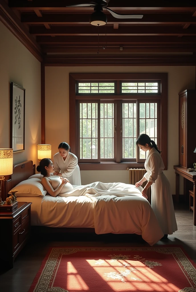 Sense of lens,Ancient,Chinese ancient style house,Main house master bedroom,Pregnant woman lying on bed,Surrounded by several busy midwives,Detailed description of interior decoration,Movie quality,Movie storyboard,8k,Ultra-clear,Hyperrealism