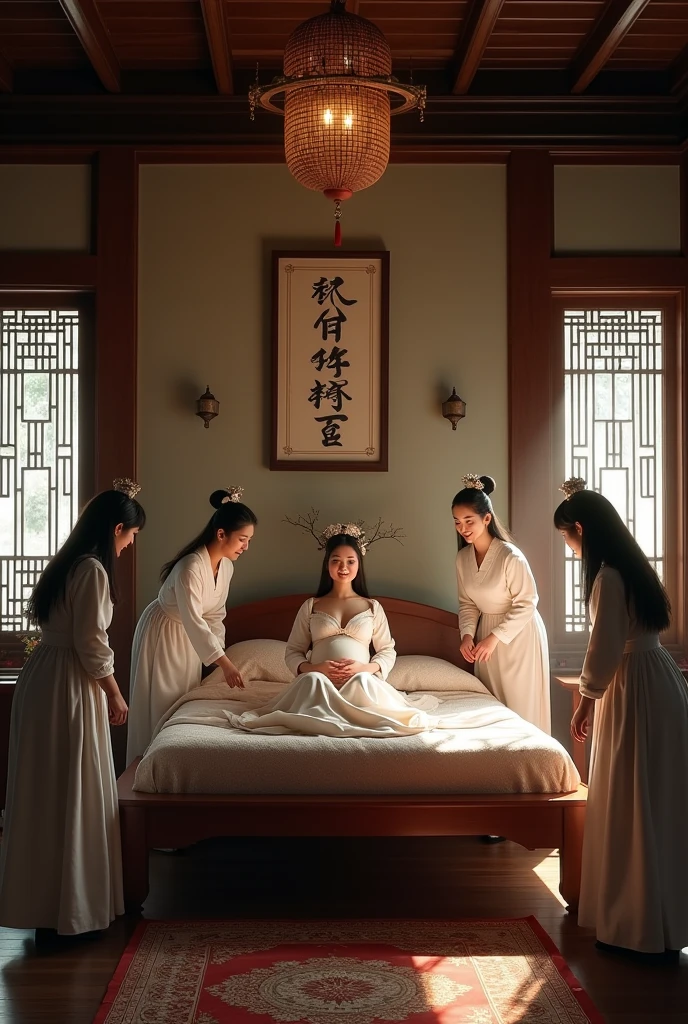 Sense of lens，Ancient，Chinese ancient style house，Main house master bedroom，Pregnant woman lying on bed，Surrounded by several busy midwives，Detailed description of interior decoration，Movie quality，Movie storyboard，8k，Ultra-clear，Hyperrealism