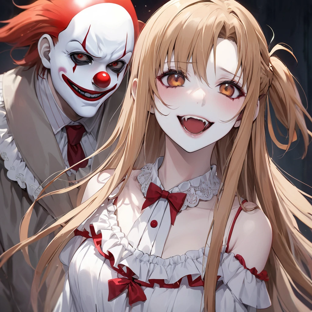 ((Highest quality)), ((masterpiece)), (detailed), (Perfect Face)、((The woman is Yuuki Asuna, with light brown, medium-long hair, pure white skin, and is wearing a creepy clown costume and a creepy clown mask.))、Woman is a creepy and evil clown with makeup on her face and a red nose、The woman is a creepy, evil, and lewd clown who has given her soul to an evil organization.