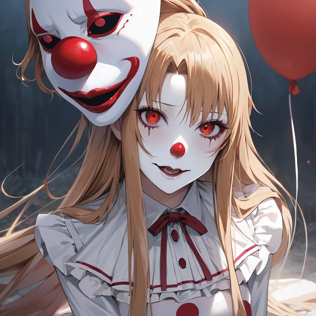 ((Highest quality)), ((masterpiece)), (detailed), （Perfect Face）、((The woman is Yuuki Asuna, with light brown, medium-long hair, pure white skin, and a creepy clown mask.))、The woman is an evil clown wearing a risque black rubber V-neck leotard, long black rubber boots, long black rubber gloves, lots of frills and clown decorations, a clown collar, a clown jester hat, a swallowtail skirt, and makeup on her clown face and red nose.、The woman is a wicked and lewd clown, a minion of an evil organization.