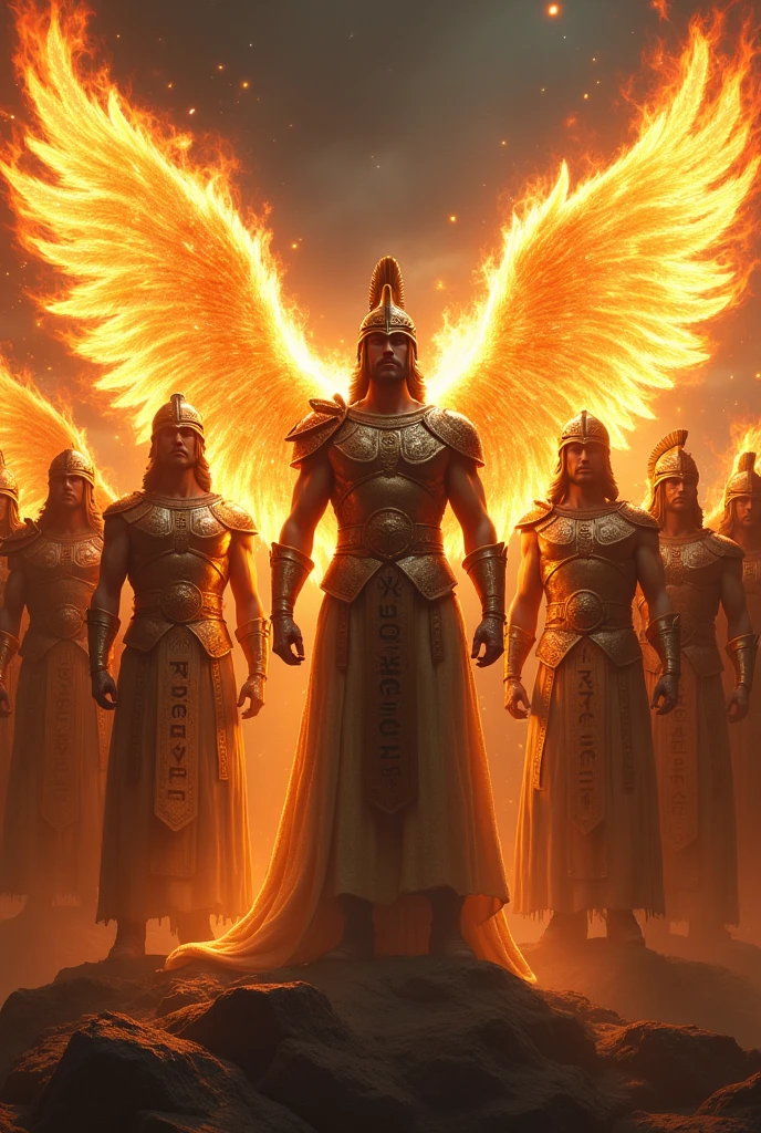 (12 angelic warriors) (with wings of fire) and ( Armaduras de guerreros and letras en arameo en ellas) ( and solo uno de ellos tiene un casco Espartano) ( Everyone has a Dark Aura)