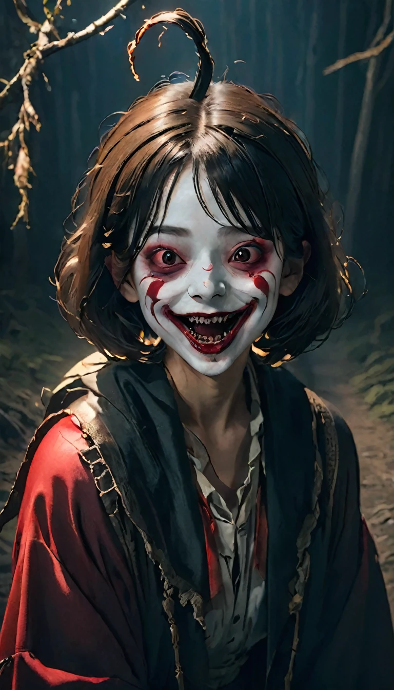 of the highest quality,horror,chilling笑顔,Red nose,detailed face,scary atmosphere,dark background,dramatic lighting,sharp focus,an accident,devil夢,scary clown,fear expressions,EMOTION,exposing teeth,big smile,red lips and sticking out a long black tongue ,devil,Ghostly,devil夢のような,anxious,night landscape,chilling笑い,strong look,A terrifying personality,distorted face,threatening,Gothic,sharp eye,devil夢のような scenery,chilling,anxious,Horror movie aesthetic,devil夢 fuel,Ghostlyly beautiful,A terrifying presence,devil夢-inducing,shadow,chilling雰囲気