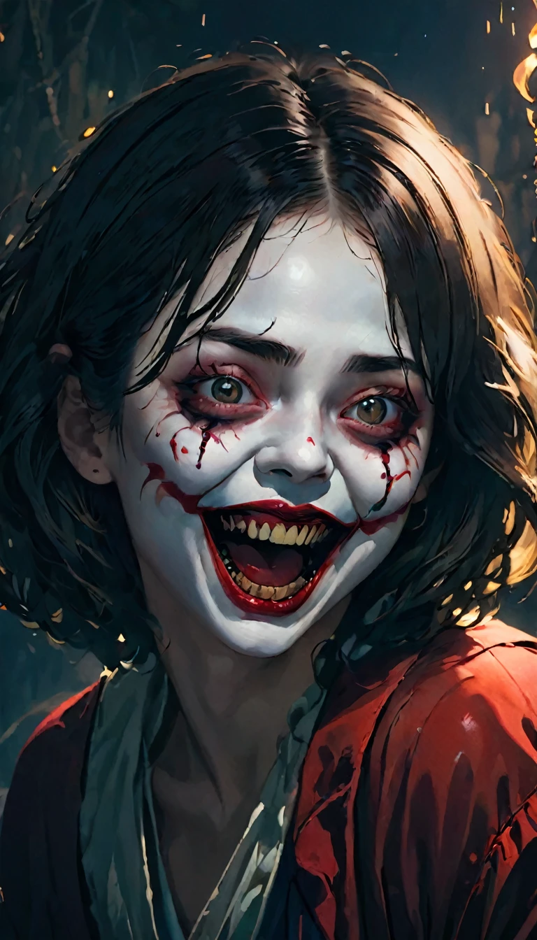 of the highest quality,horror,chilling笑顔,Red nose,detailed face,scary atmosphere,dark background,dramatic lighting,sharp focus,an accident,devil夢,scary clown,fear expressions,EMOTION,exposing teeth,big smile,red lips and sticking out a long black tongue ,devil,Ghostly,devil夢のような,anxious,night landscape,chilling笑い,strong look,A terrifying personality,distorted face,threatening,Gothic,sharp eye,devil夢のような scenery,chilling,anxious,Horror movie aesthetic,devil夢 fuel,Ghostlyly beautiful,A terrifying presence,devil夢-inducing,shadow,chilling雰囲気