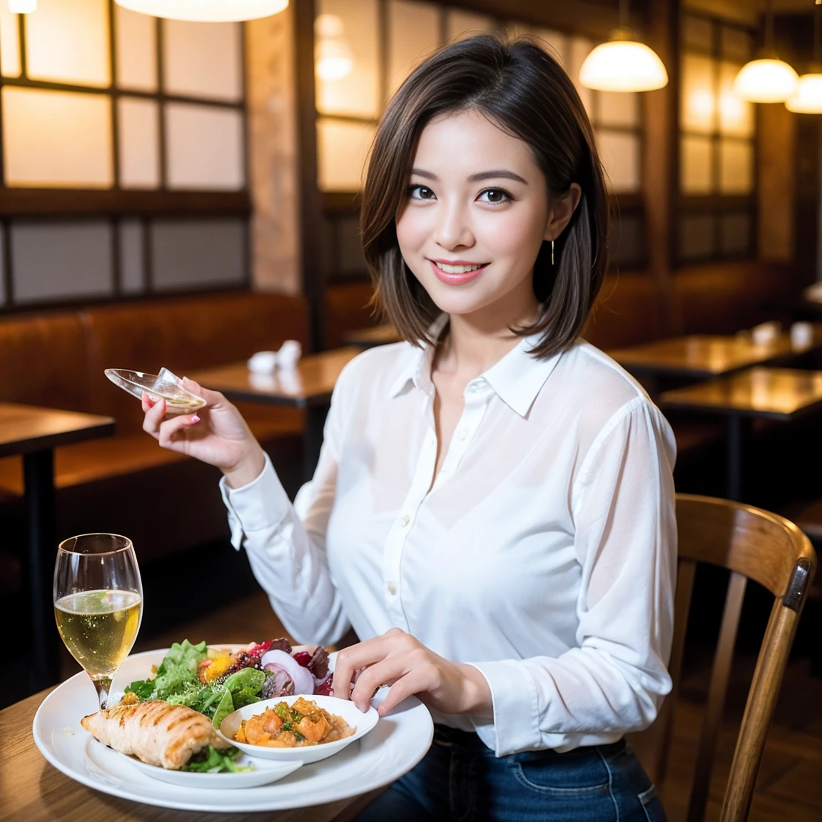 ((Highest quality、8k、masterpiece:1.3))、slimカップル、modelカップル、(Realistic, Intricate details:1.2), sashimi、Tempura、Japanese sake、Shochu 、Amazing view of the sunset sky and clouds、A bright smile、The wonderfulness of smile、Bright image、The beauty of wine, Beautiful Face, blue eyes, The light shines on your face, blush, short hair,Bright Face、 (Age 37), 39 years old, sparkling wine、Two beauties、Brown Hair、Shortcuts、Long sleeve shirt、dress、Beautiful woman 1, (slimな顔), (The body is slim), (Brown Hair), (Shortcuts), cheeks turn a little red,Attractive beauty、restaurant, In a prominent place (From the waist up) Nova Frog Style, actress, model, Upper Body, White wine, slim, smile, (smile: 1.15), Beautiful fine grain, Depth f/2,saturation, High Contrast, Strong light and shadow,Moist Body:1.5、3D texture、Delicate eyes、Brown Hair、The hair is very shiny、