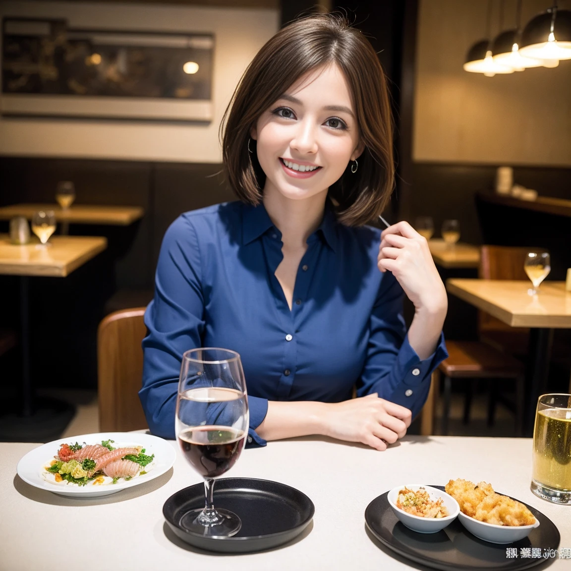 ((Highest quality、8k、masterpiece:1.3))、slimカップル、modelカップル、(Realistic, Intricate details:1.2), sashimi、Tempura、Japanese sake、Shochu 、Amazing view of the sunset sky and clouds、A bright smile、The wonderfulness of smile、Bright image、The beauty of wine, Beautiful Face, blue eyes, The light shines on your face, blush, short hair,Bright Face、 (Age 37), 39 years old, sparkling wine、Two beauties、Brown Hair、Shortcuts、Long sleeve shirt、dress、Beautiful woman 1, (slimな顔), (The body is slim), (Brown Hair), (Shortcuts), cheeks turn a little red,Attractive beauty、restaurant, In a prominent place (From the waist up) Nova Frog Style, actress, model, Upper Body, White wine, slim, smile, (smile: 1.15), Beautiful fine grain, Depth f/2,saturation, High Contrast, Strong light and shadow,Moist Body:1.5、3D texture、Delicate eyes、Brown Hair、The hair is very shiny、