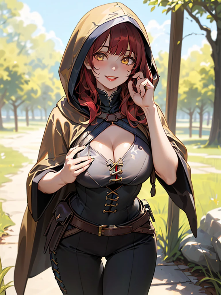 SFW (masterpiece, best quality, 32k) anime woman with short red hair ((dark red hair, bangs, diagonal bangs, straight bangs, straight hair)), ((yellow eyes, brown eyes, amber eyes, golden eyes, detailed eyes)), ((youthful face, beautiful face, cute face, innocent face, pretty face, naive face)), ((pale skin, porcelain skin, white skin, smooth skin)), ((eyeliner, eyeshadow, lipstick, light makeup)), outside, outdoors, forest, glade, trees, grass, sky, clouds, simple background, standing, confident pose, at-ease. ((Fantasy outfit, medieval outfit, medieval fantasy outfit, thief, rogue, bard, Spellthief, black mage, warrior, loose robe:1.5, hooded robe, harness, chest harness, framed breasts, belts, pouches, pants:1.5)), ((huge breasts, round breasts:2, heavy breasts:1.5, framed breasts)), ((slim:1.4, lithe:1.4, slender:1.4, thin:1.4, busty:1.2, buxom:1.2)), ((round hips, thin waist, waspish waist)), ((long legs, slender legs)), small smile ((full lips, red lips)), ((cheerful expression:1.5, happy expression:1.5, seductive expression:1.5, sensual expression:1.5)), open eyes, large eyes, expressive eyes, head-to-waist portrait, cinematics, color oil painting, cinematic lighting, ((extremely detailed face)), ((finely detailed face)), Extremely detailed eyes, finely detailed eyes, beautiful face, beautiful eyes, perfect lighting, depth of field, (realistic proportions), (good anatomy), ((solo:1.6)), ((1girl:1.6))