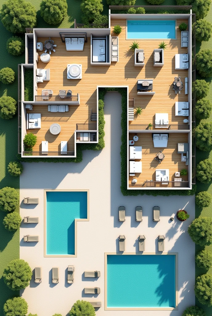2D floor plan of a beach hotel showing the reception area first, The restaurant space, The recreation space, , 7 guest rooms, A SPA room, An area for people with disabilities, three pools, Connection with green areas, That can be something like an open space and a septic tank for waste water., The L-shaped parking lot One part in front and the rest alongside