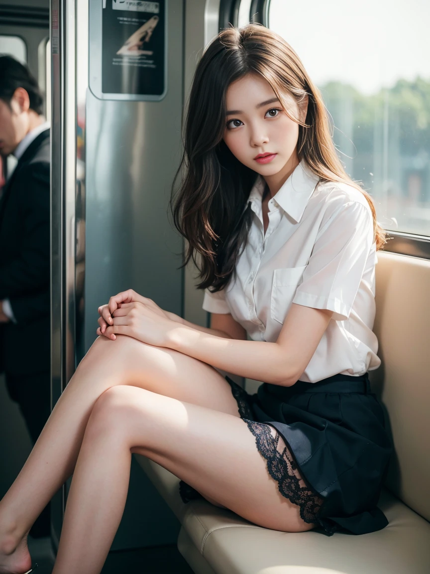 Molester、Voyeur、8k、写真画像masterpiece、Highest quality、Super Resolution、Large file size、Very detailed、High resolution、Highest quality、masterpiece、Very detailed、CG、Unified、8k wallpaper、wonderful、細部にまでこだわったmasterpiece、Highest quality、High resolution、masterpiece、outstanding features 、8k品質、(Tabletop:1.25)、 (Highest quality:1.6)、(超High resolution:1.5)、(Genuine:1.75)、8k解像度、 (RAW Photos:1.2)、(Genuineistic:1.4)、Pale light and shadow、Dindal effect、Light on the face、Cinema Lighting、((In a crowded train))、A strong wind blows through the car window、Windblown Hair、((delicate feet photos))、Low angle view from the feet、1 23-year-old female、Beautiful detailed woman、Beautiful woman with light brown hair, delicate light brown hair、disheveled curly hair、((Light brown beauty))、(hair over one eye:1.3),、Incredibly cute face、Delicate eyes、And slim、Very small waist、Very detailed eyes and face、Beautiful details、Ridiculous、((short sleeve, extremely thin shirt, collared shirt, navy skirt, black lace thong, ))、Wearing high heels、 (She is looking at the window、Anxious expression、I can't hide my bewilderment、No one will help you、Filled with sadness、I'm worried、I'm about to start crying、blush:1.3, open mouth, shy:1.3, embarrassed:1.3, ),Illumination from below、The inside of the skirt is clearly visible..、Favorite Images、スカートからチラリと見えるblack lace thongVoyeur、camel toe,