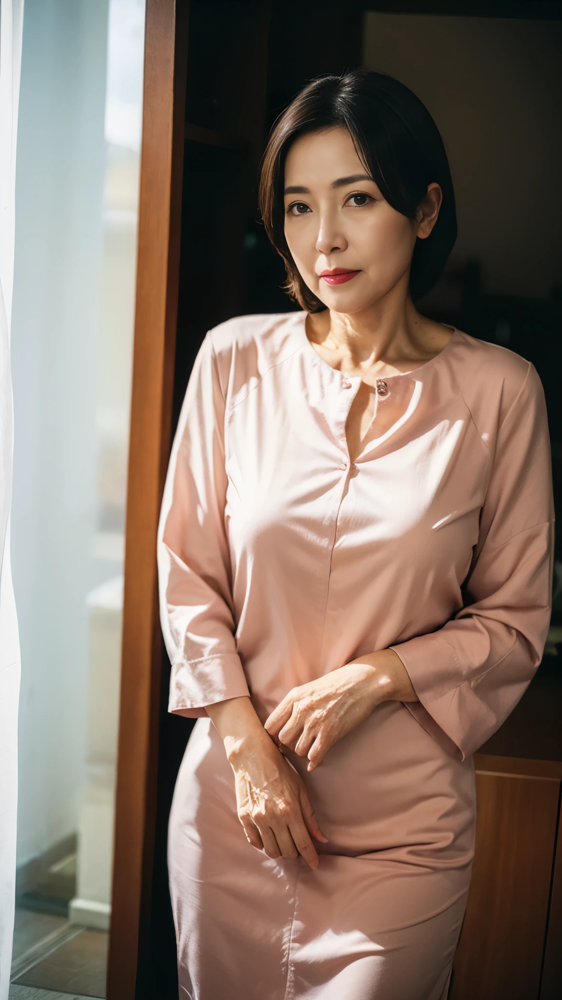 masterpiece, ((Great Focus)), 32K, Beautiful finish, Japanese Business Person, Beautiful mature woman, 65-year-old woman, Dutch Angle, Photo of your ID, Cool look, Red lips, Thin lips, Alluring, round 1, Light from the front,