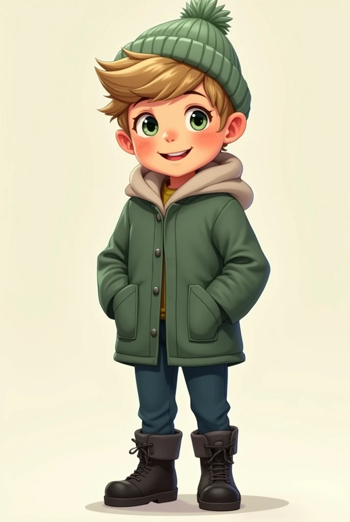 Medium light brown blonde hair, green eyes, medium pastel green hat, Dark pastel green jacket for cold weather, with dark blue pants and black boots, he is 13, cheered up