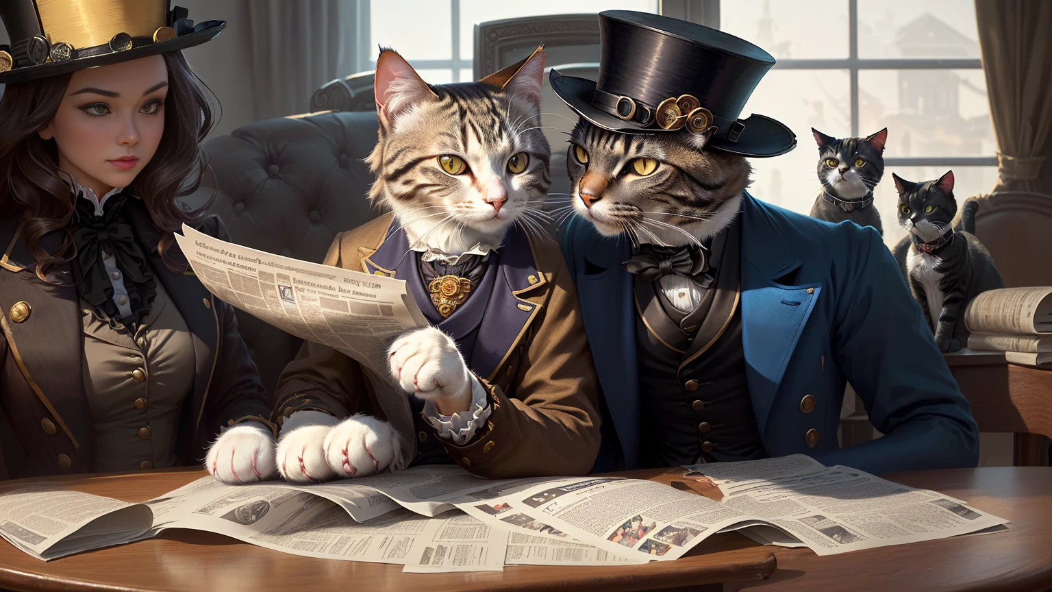 there is a cat that is sitting at a table read newspaper, Anthropomorphic cats, steampunk cat, Elegant cat, smart cat, gentleman, read newspaper, cat wearing top hat, Anthropomorphic female cat, read newspaper, human cat, Well-dressed, Michael Ma (Unreal Engine, Gavin Nolan, victorian era