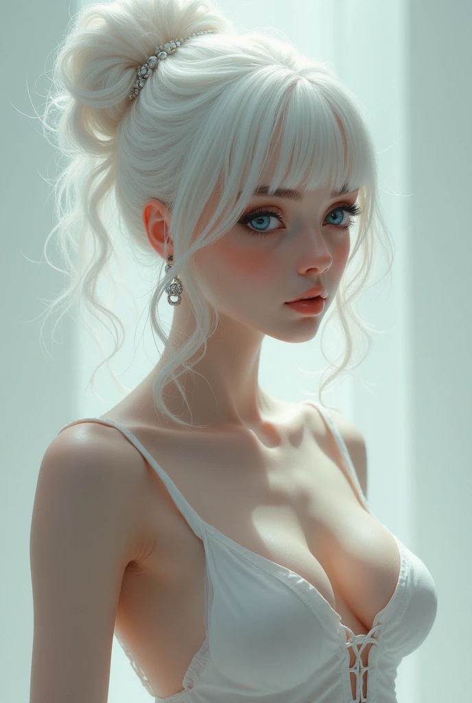 Hot teenage girl with white hair in a bun with blue eyes and earrings and big   full body 