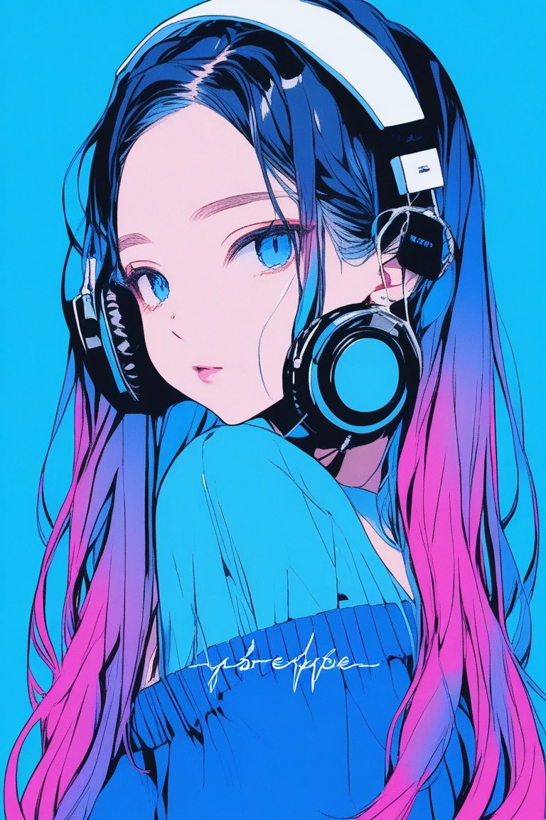 ((masterpiece,Highest quality)), 8k, anime , Realistic ,sketch, anime風のポートレート, 黒猫を連れたanimeの女性, 20-year-old, Blue gradient background, Off-the-shoulder knit, Neon long twin tail hair, lip, Big earrings, Wearing headphones, Texture Trim, Canadian, Upper Body, (masterpiece,Highest quality)
