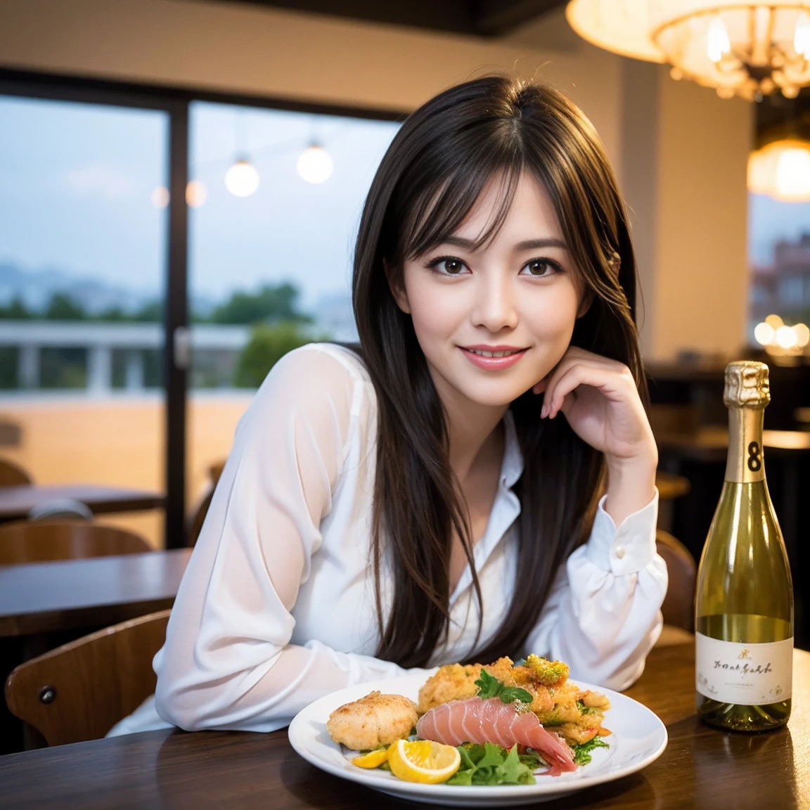 ((Highest quality、8k、masterpiece:1.3))、slimカップル、modelカップル、(Realistic, Intricate details:1.2), sashimi、Tempura、Japanese sake、Shochu 、Amazing view of the sunset sky and clouds、A bright smile、The wonderfulness of smile、Bright image、The beauty of wine, Beautiful Face, blue eyes, The light shines on your face, blush, short hair,Bright Face、 (Age 37), 39 years old, sparkling wine、Two beauties、Brown Hair、Shortcuts、Long sleeve shirt、dress、Beautiful woman 1, (slimな顔), (The body is slim), (Brown Hair), (Shortcuts), cheeks turn a little red,Attractive beauty、restaurant, In a prominent place (From the waist up) Nova Frog Style, actress, model, Upper Body, White wine, slim, smile, (smile: 1.15), Beautiful fine grain, Depth f/2,saturation, High Contrast, Strong light and shadow,Moist Body:1.5、3D texture、Delicate eyes、Brown Hair、The hair is very shiny、