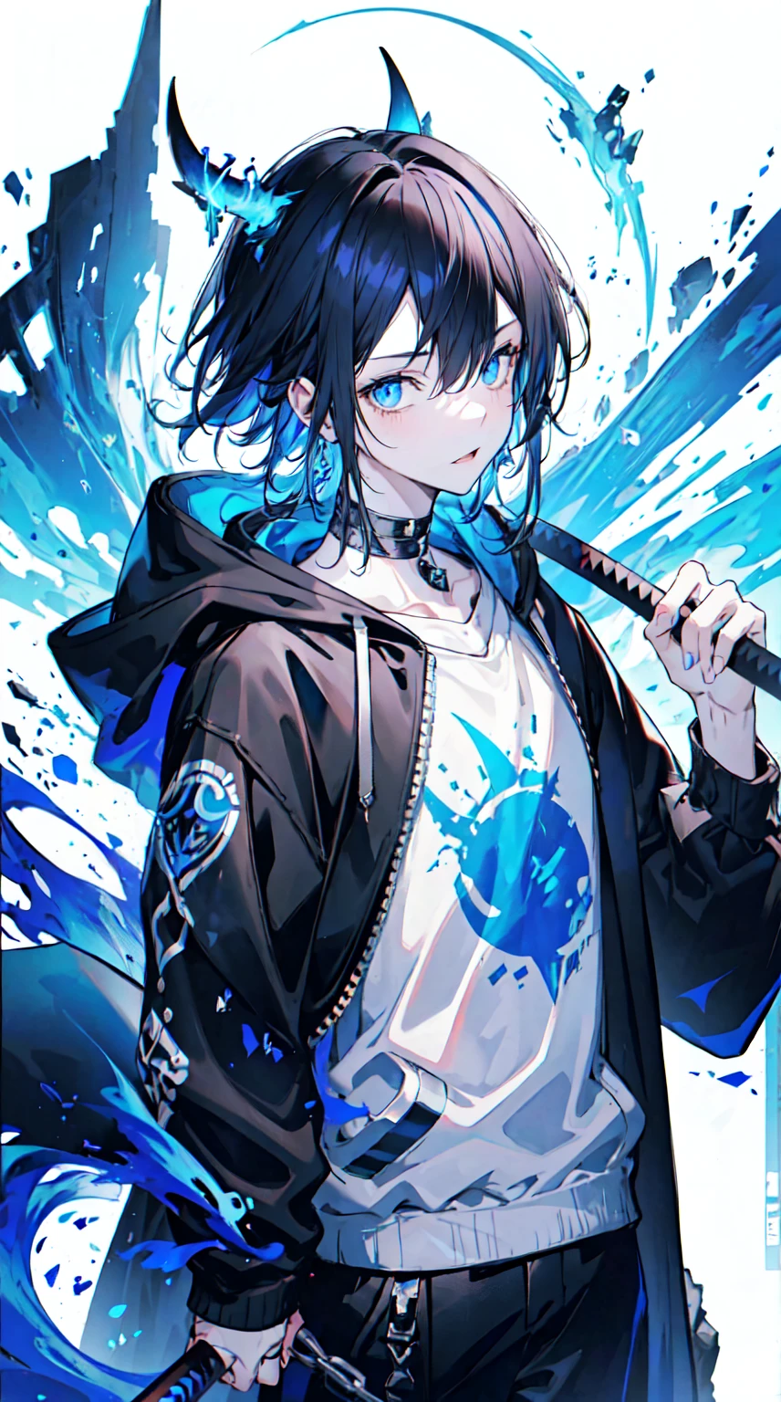 1 person, best quality, masterpiece, 1 teen boy, scruffy black hair, bangs, Blue eyes, long earrings, black hoodie, blue demon horns,  blue katana, at the back, moon, dark night, looking at viewer, upper body.