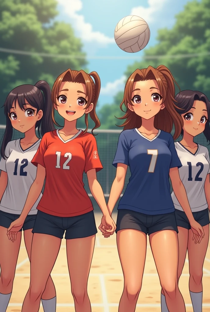 Of the groups, one for volleyball and one for dance, In the fodas groups the members are girls and they are stepping for a photo, The volleyball uniform is not so short and the dance uniform is a flared shirt and a skirt that is not so short..
Let them be real-looking people, not anime