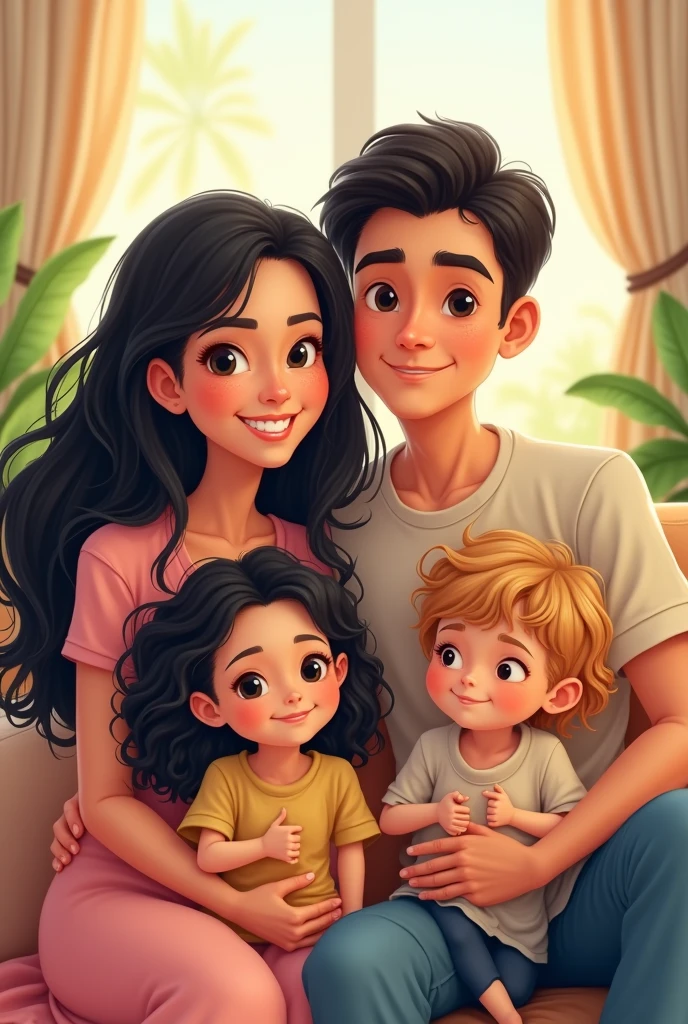 Cartoon Beutiful mom with black hair and smile , with her husband black hair and shave with two little girls, one four year old with long black curly hair with beatiful eyes and the other one two year old with blondi short hair