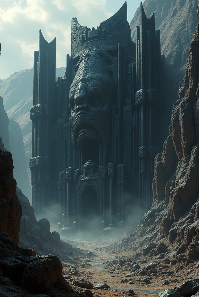 Black ancient ruins on an unknown planet,The black ancient ruins are made with the shapes of the human body, human bones and genitals as motifs.,The ancient ruins are huge,