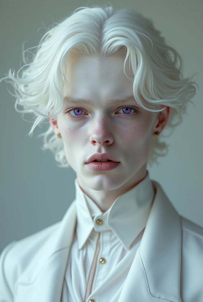 Albino man with purple eyes, wavy hair and a manly jaw, no beard