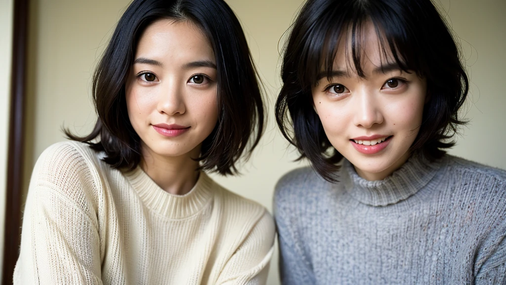 (masterpiece), (8k, Realistic, RAW Photos, Highest quality), (One person,solo), Beautiful Face, (Realistic Face), (Black Hair, short hair:1.3), Beautiful hairstyle, Realistic eyes, Beautiful attention to detail, (Realistic Skin), Beautiful Skin, (sweater), Absurd, Charm, Ultra-high resolution, Ultra-realistic, Very detailed, Golden Ratio,One person, solo, smile, Anatomically correct, Cowboy Shot, Sitting,Widescreen,