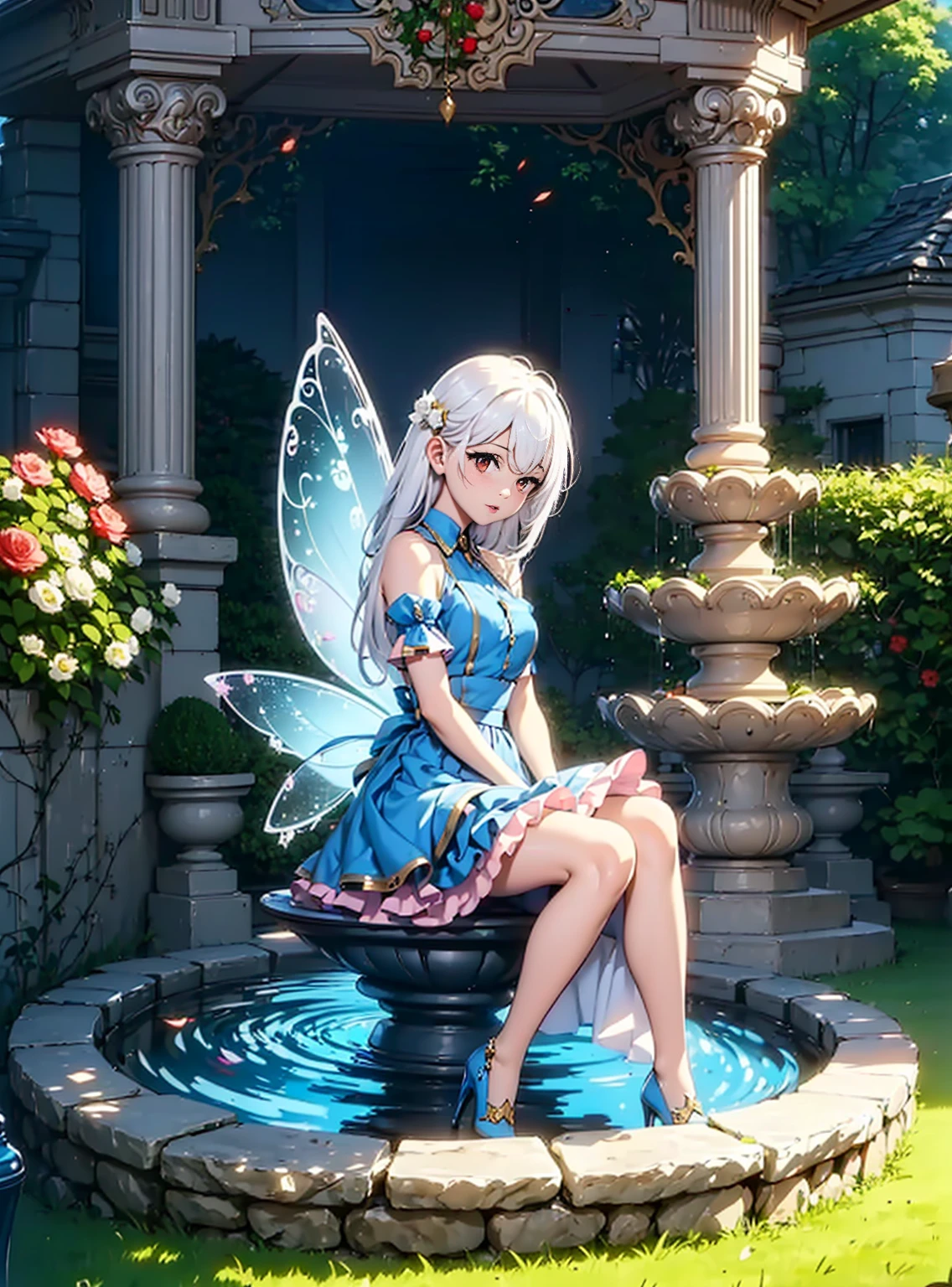 ((1girl, solo, alone, Ninym, white hair, red eyes, hair ornament, small breasts, long hair, fitness)), ((solo, (1woman, pink lipstick), Extremely detailed, ambient soft lighting, 4k, perfect eyes, a perfect face, perfect lighting, a 1girl)), ((blue dress, dress with frill, fountain, (blue high heels), water, fairy, fairy wings, garden, grass, flora, graceful columns, bandstand, argustos, trees))