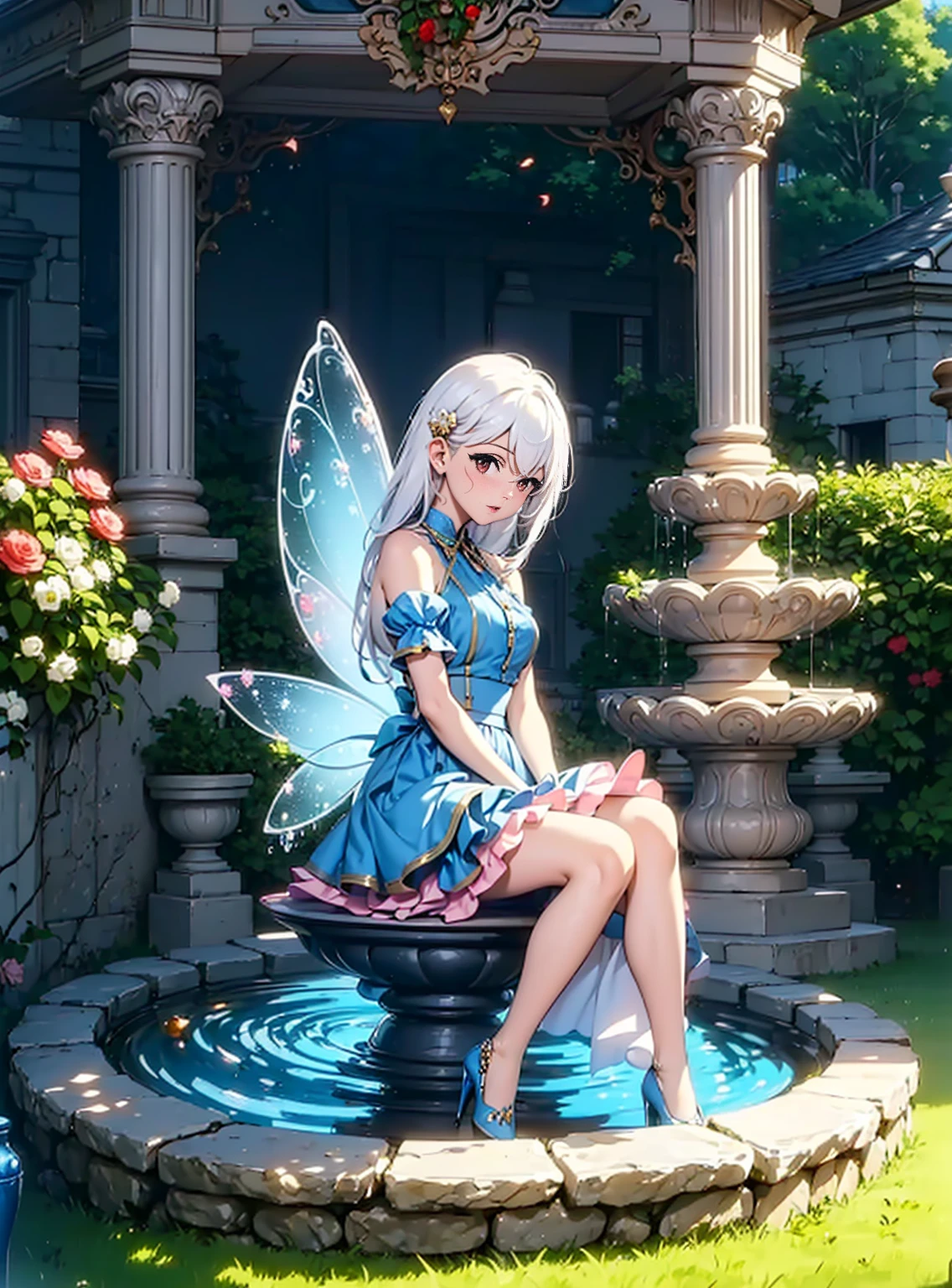 ((1girl, solo, alone, Ninym, white hair, red eyes, hair ornament, small breasts, long hair, fitness)), ((solo, (1woman, pink lipstick), Extremely detailed, ambient soft lighting, 4k, perfect eyes, a perfect face, perfect lighting, a 1girl)), ((blue dress, dress with frill, fountain, (blue high heels), water, fairy, fairy wings, garden, grass, flora, graceful columns, bandstand, argustos, trees))