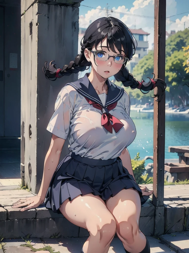 (8k, RAW Photos, Highest quality, masterpiece: 1.2), (Realistic: 1.3)、Photorealistic perfect body 、(solo:1.2)、 Sailor suit、Summer clothes、White Shirt、Navy blue mini skirt、 Black knee-high socks、Brown Loafers、(solo:1.6)、Sweat、Boob proportions, Plump、Black hair underhand braids、Glasses、Light blue eyes、