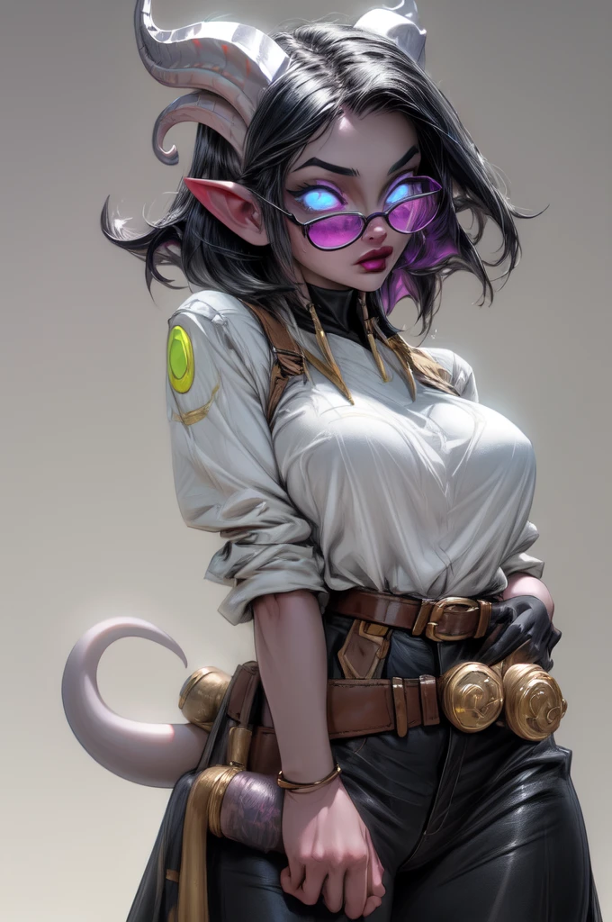 masterpiece, best quality, 1girl, solo, draenei, glowing eyes, colored sclera, tail ornament, hooves, white skin, blue eyes, black hair, shiny silver pouty lips, (tentacle hair:0.8), close-up, upper body, hair ornament, plump and large breasts, shiny skin, shiny silver lipstick, goggles , bob hair cut, fantasy, magic, psy powers, leather apron, toolbelt, mechanic, glasses, apron pouch with tools