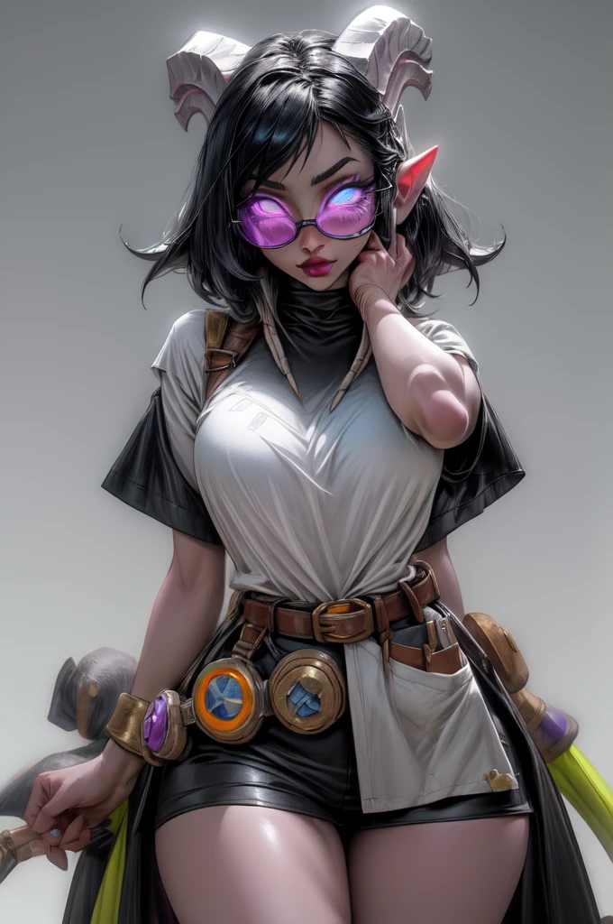 masterpiece, best quality, 1girl, solo, draenei, glowing eyes, colored sclera, tail ornament, hooves, white skin, blue eyes, black hair, shiny silver pouty lips, (tentacle hair:0.8), close-up, upper body, hair ornament, plump and large breasts, shiny skin, shiny silver lipstick, goggles , bob hair cut, fantasy, magic, psy powers, leather apron, toolbelt, mechanic, glasses, apron pouch with tools