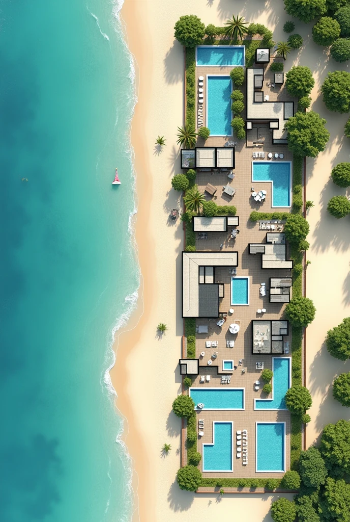 2D floor plan of a beach hotel showing the reception area first, The restaurant space, The recreation space, , 7 guest rooms, A SPA room, An area for people with disabilities, three pools, Connection with green areas, That can be something like an open space and a septic tank for waste water., The L-shaped parking lot One part in front and the rest alongside
