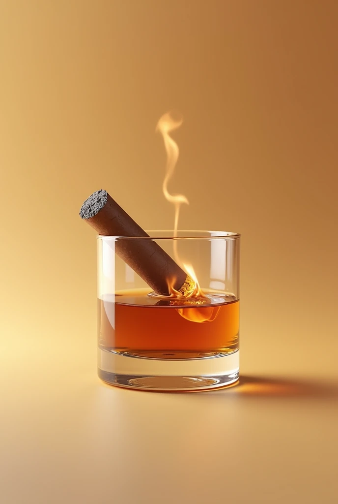 show a short glass of wiskey with many details with a beige background and a tabaco on top not touching the glass with many details