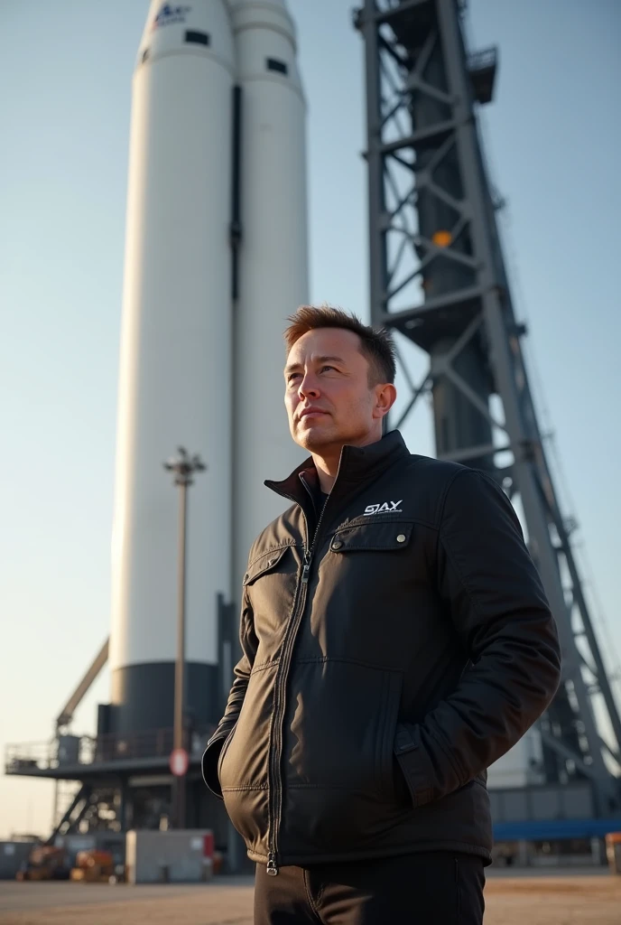 elon must standing in front of a spacex rocket about to launch, 8k wallpaper, perfect focus
