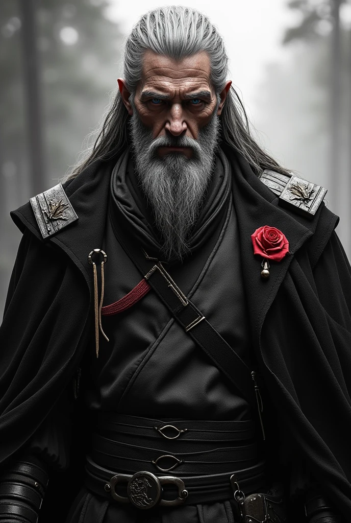 Create an old man in black and white warrior clothing , and a black jacket with a red badge on it with the infinity symbol, that looks intimidating , long hair but with a braid and blue eyes