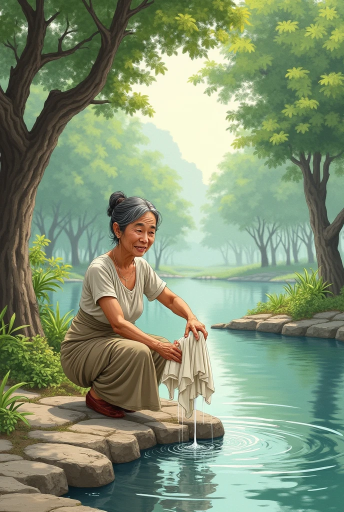 Drawing of an elderly woman in a dress washing clothes in the river

