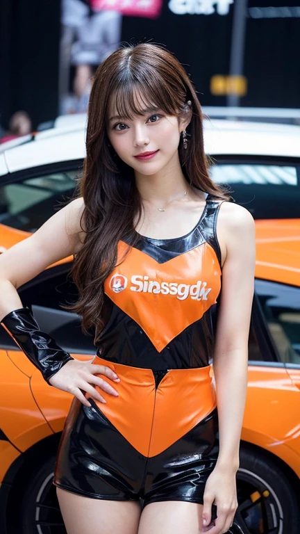(masterpiece), ((orange&black enamel Racing girl costume)), whole body, Highest quality, Highest quality, detailed, 非常にdetailedな_eye, sexy,chest, Beautiful Hands, Beautiful feet,(eyeliner:0.5),(blush:0.5), Jet Black Hair、A light smile, Fingernails, masterpiece, Highest quality, detailedな肌の質感, detailedな布の質感, 複雑なdetailed, 超detailed, ((Super GT Event)), Random Pause, (Circuit Background),  Bottom Angle, Front view, From below, (Highest quality, High resolution, Realistic, original, 8k,masterpiece, ),Highest quality, masterpiece8k. Wallpapers HDR. High Rib:1.2, Film Grain, Blurred Bokeh:1.2, Lens flare, (Bright colors:1.2), (delicate),((Grid girl costume made of shiny enamel material))、((Costumes with sponsor logos:1.3))、((Exposed Skin:1.4))、((Very short, tight fitting shorts))、((Standing in front of a supercar))、motor Show、((Costumes with sponsor logos:1.3))、((Close-fitting costumes:1.3))、A car the same color as your clothes