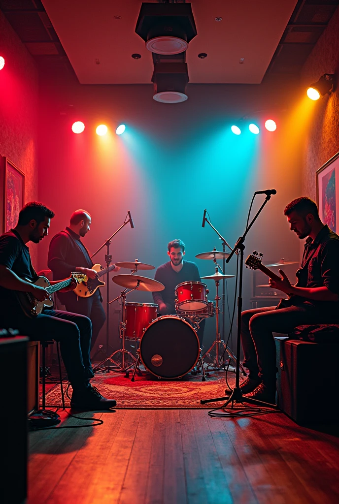 Create a band practice room with drums, bass, organ and microphone