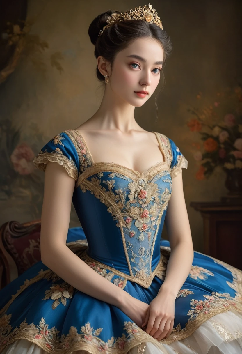 (high resolution,masterpiece:1.2),(Practical:1.37)"(best quality, high resolution, Extremely detailed, Practical),Beautiful portrait of a 19th century French ballerina, (She is of French and Japanese descent., She is a beautiful woman with deep blue eyes and a high nose:1.1), Exquisite ballet costumes, Detailed facial features, Slender and graceful neck, Flowing hair, Elegant posture, Soft and delicate lighting, Oil painting medium, Vibrant colors, Subtle background with floral pattern"