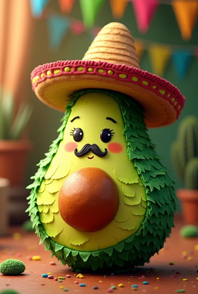 An image of an avocado piñata with a Mexican hat , that has a mustache above his little mouth, cute style
