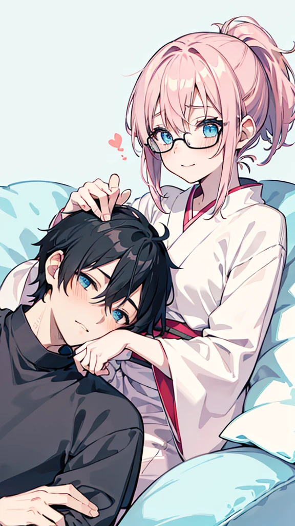 Create an anime-style illustration featuring a close and intimate moment between two characters, a girl and a boy. The girl has pink hair tied in a loose ponytail with a black ribbon and wears glasses that accentuate her large, expressive blue eyes. She has a slightly surprised or shy expression, with a soft blush on her cheeks. She is lying down on a soft surface, possibly a bed or sofa, wearing a light-colored kimono or robe with a casual, relaxed fit.The boy has short, black hair and striking blue eyes. He is resting his head on the girl's lap, with a content and slightly mischievous smile. He is wearing a dark-colored shirt, and his relaxed posture suggests comfort and affection. The overall composition emphasizes a warm, cozy atmosphere with soft, pastel colors, creating a sense of closeness and tenderness between the two characters.